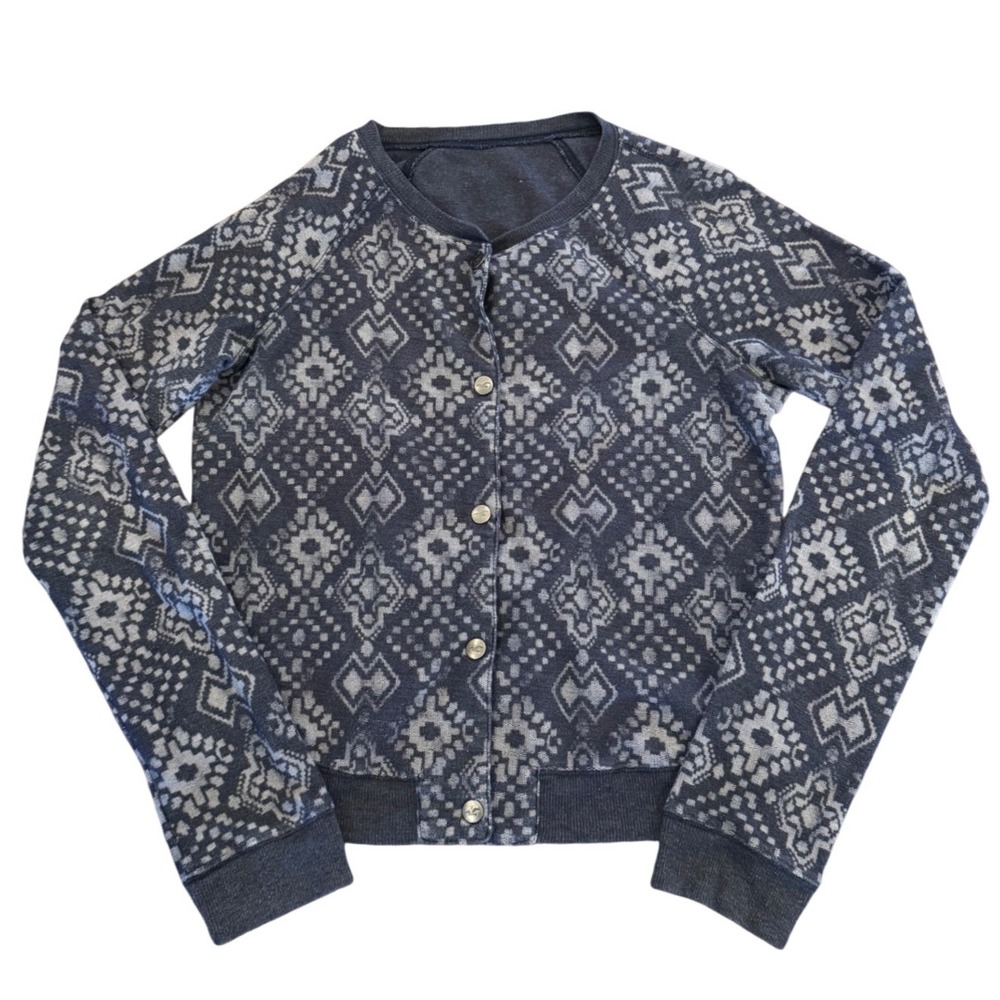 Hollister Blue Geometric Pattern Snap Front Cardigan Sweatshirt Raglan Sleeves